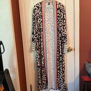 Leopard Print Long Cardigan with Red Trim